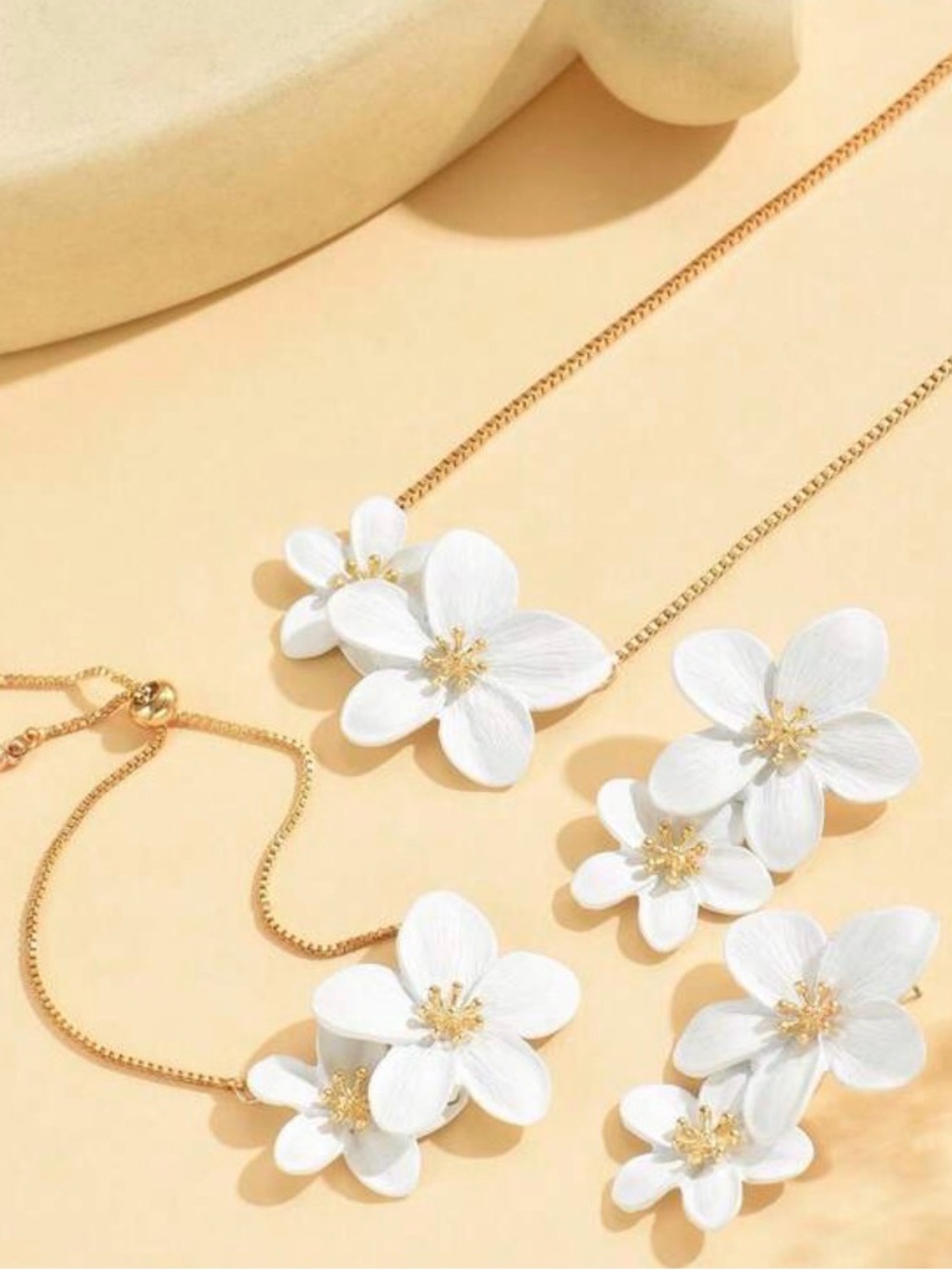 Gold Chain Necklace with White Floral Pendant - Women Jewelry